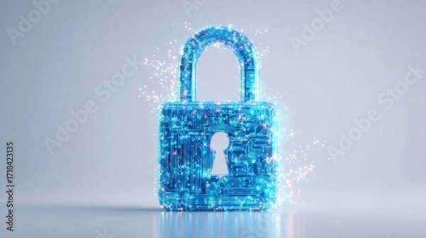 Fototapeta Bright blue digital padlock symbol representing cybersecurity and data protection.