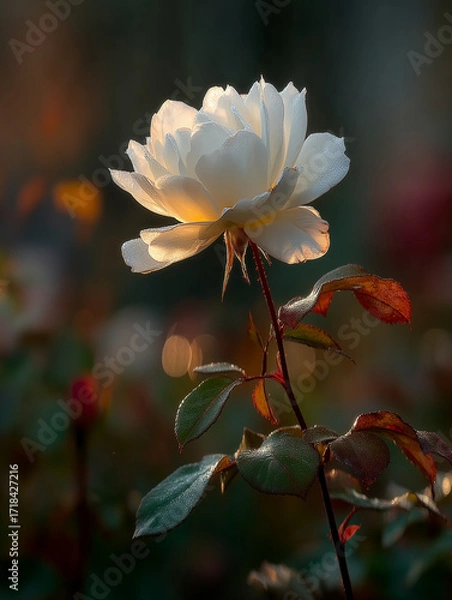 Fototapeta Single White Rose Blooming in Soft Sunlight