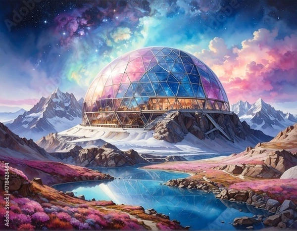 Fototapeta Futuristic geodesic dome nestled in a mountain landscape reflecting a vibrant sky