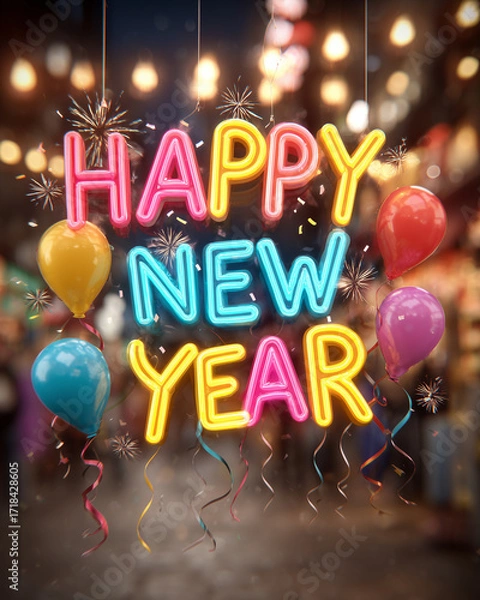 Fototapeta Neon happy new year sign with balloons and confetti