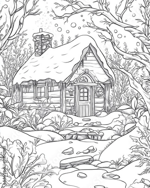 Fototapeta Charming snow-covered cottage in a winter forest coloring page for adults