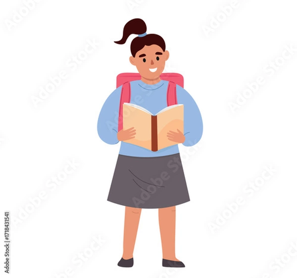 Fototapeta A girl holds a book. A student with a schoolbag on her back reads. Vector flat graphics.