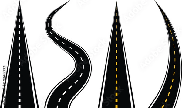Fototapeta Vector Roads and Paths | Wavy Curved Highways, Horizontal Asphalt Templates | Road Signs & Perspective Illustration