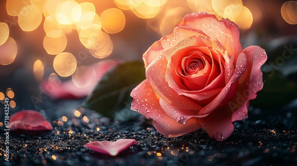 Fototapeta Vibrant Pink Rose Sparkling with Dewdrops on a Dark Glittering Surface