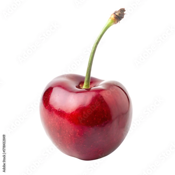 Fototapeta Single Ripe Red Cherry with Green Stem fruit isolated cutout PNG isolated on a transparent background