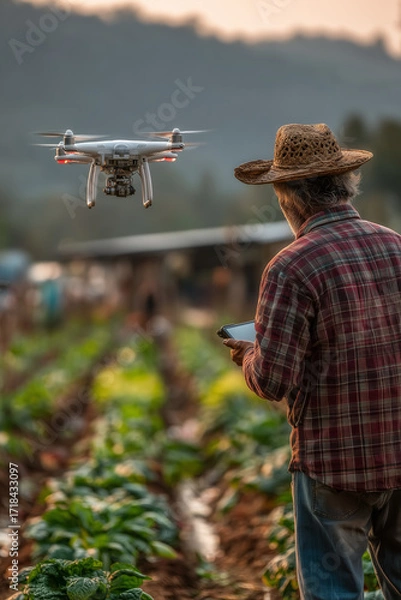 Fototapeta Farmer using drone and tablet for smart agriculture in cultivated field
