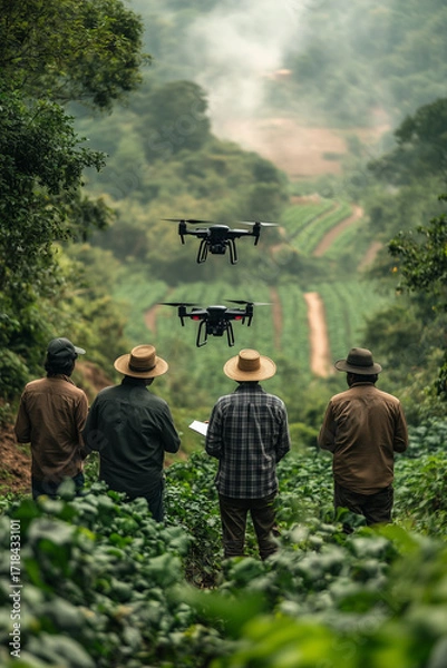 Fototapeta Farmers observing drones flying over crops in precision agriculture