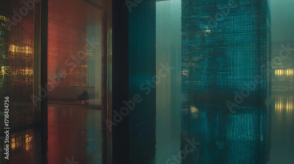 Fototapeta Modern glass buildings illuminated at night with colorful reflections in wet surroundings