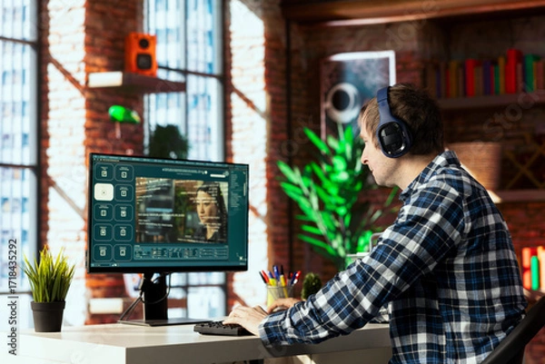 Fototapeta Man in home office uses artificial intelligence to generate compelling videos from basic text prompts. Person uses AI GPT generating clips using computer vision and natural language processing