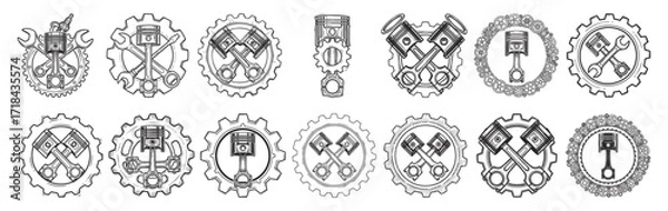 Fototapeta Monochrome automotive logo templates with crossed pistons and gears. A set of industrial-style icons for mechanic and engineering concepts