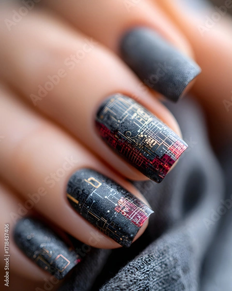 Fototapeta Intricate circuit-board patterns on dark nails evoke a blend of elegance and innovation.