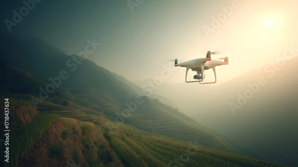 Obraz Drone flying over terraced fields in a mountainous landscape during sunrise