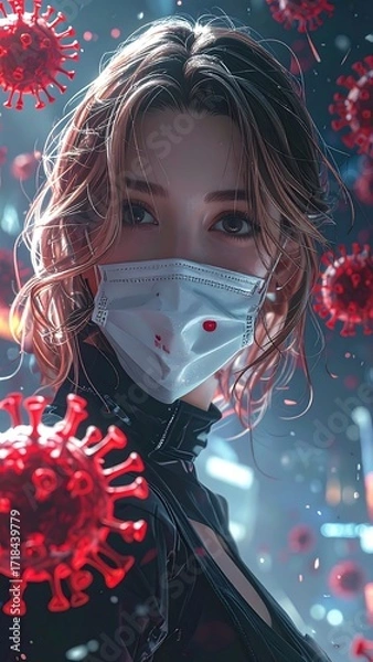 Obraz Woman in mask, surrounded by virus