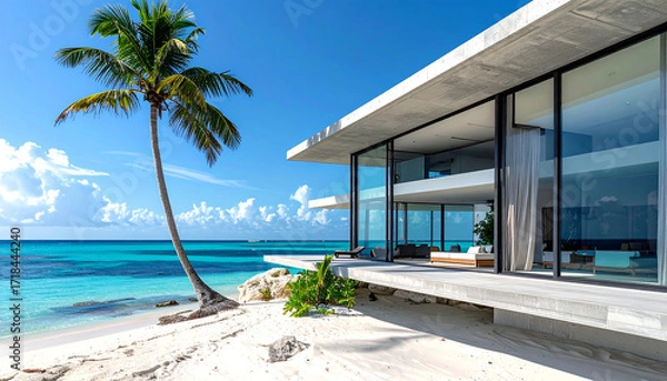 Obraz エメラルドグリーンの海を望むガラス窓付きモダン戸建住宅