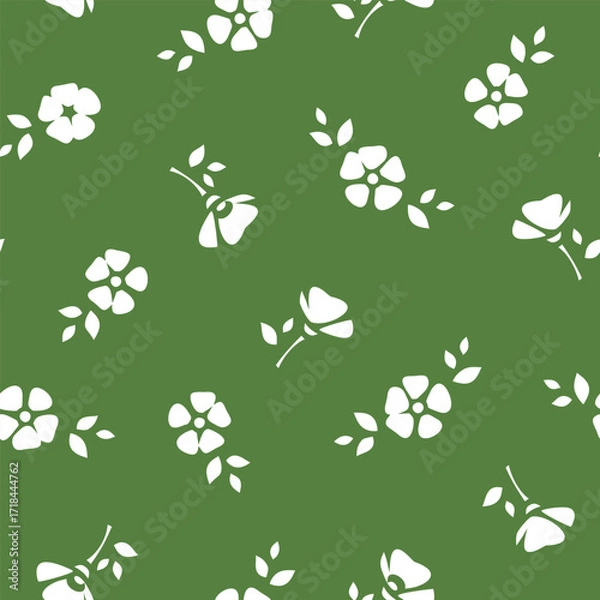 Fototapeta Seamless floral pattern with small flowers on green. Vector floral print with white flowers silhouettes on a green background