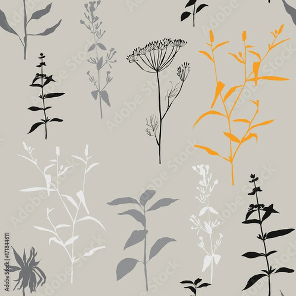 Fototapeta Vector floral seamless pattern with wild meadow flowers, herbs and grasses. Thin delicate line silhouettes of different plants like sunflowers and basil.