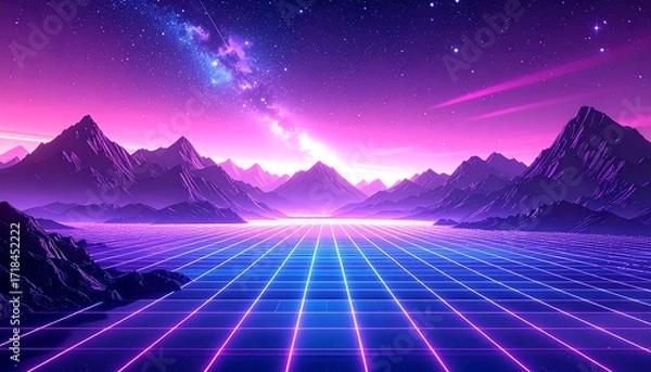 Fototapeta Futuristic landscape with glowing grid lines and vibrant colors