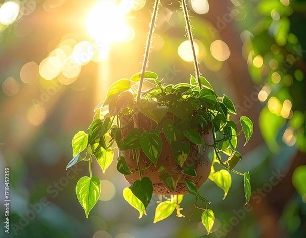 Fototapeta Hanging Potted Plant with Green Leaves in Sunlight Bokeh