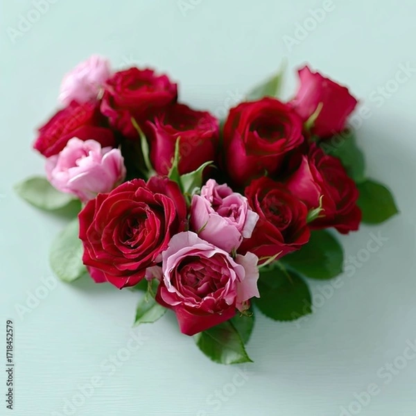 Fototapeta Heart Shaped Arrangement of Red and Pink Roses on Light Green Background Top View Romantic Floral Design