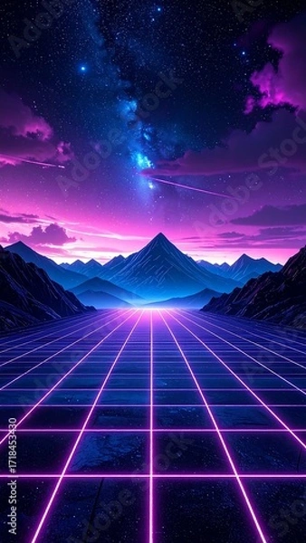 Fototapeta Futuristic landscape with vibrant gridlines