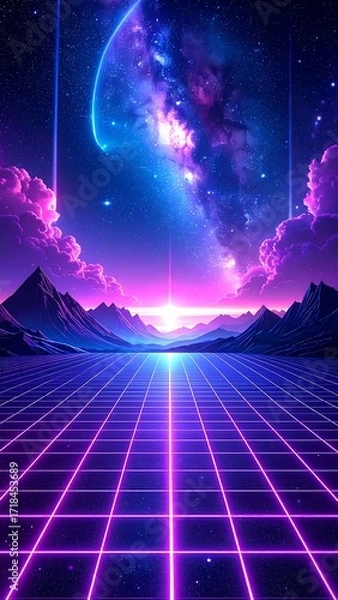 Fototapeta Futuristic landscape with vibrant colors and grid pattern