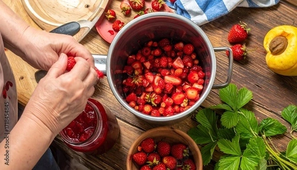 Fototapeta Hands preparing strawberry jam