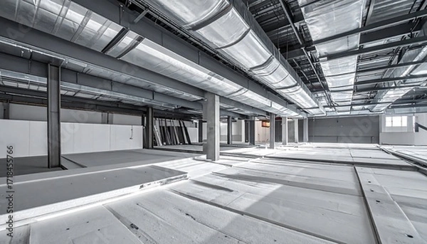 Fototapeta Large, unfinished interior space with exposed ductwork and support columns