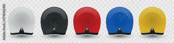 Fototapeta Vector 3d Motorcycle Helmet Set - White, Black, Red, Blue, Yellow Colors. Open Face Helmet. Protective Gear for Bikers, Motorcyclists. Safety Helmet Design, Motorcycle Helmet Icon, Rear View