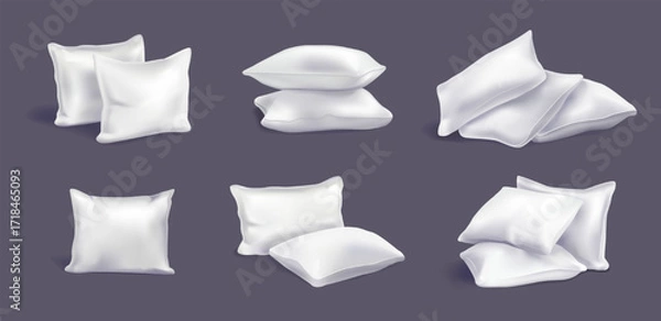 Fototapeta Realistic bed cushion set. Piles and stacks of cotton feather white pillows for bedroom interior. Design elements for mockup. 3D vector illustration collection
