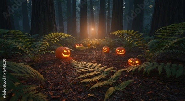 Fototapeta A mystical forest scene illuminated by a glowing light, featuring carved pumpkins with eerie faces scattered among lush ferns and towering trees, evoking a Halloween atmosphere