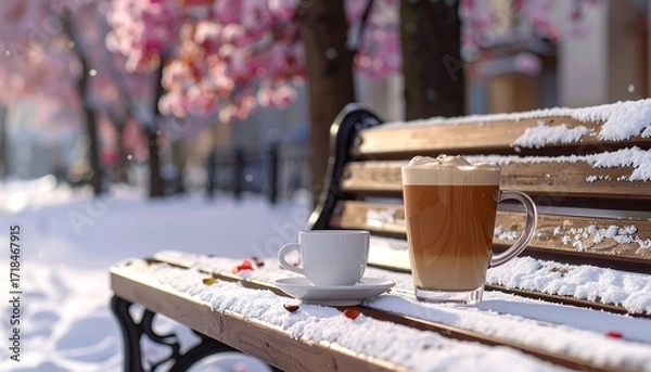 Fototapeta Latte on a snowy bench