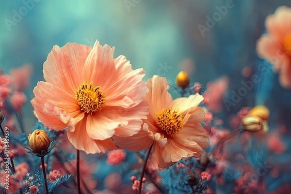Fototapeta Soft focus of peach-colored flowers in a garden setting.