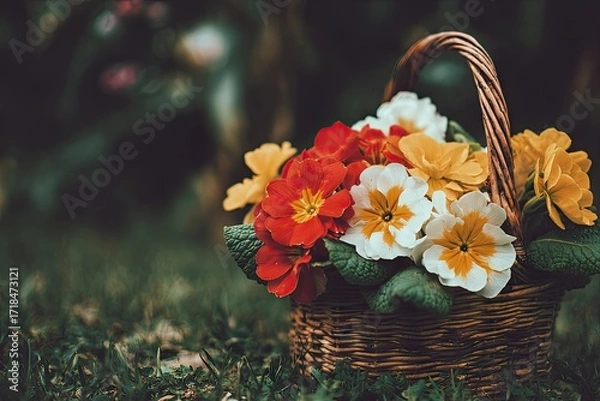 Fototapeta Colorful primroses in a rustic basket.