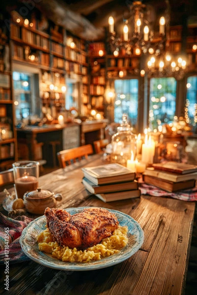 Fototapeta Crispy fried chicken on a plate on a table in a room with books and candles.