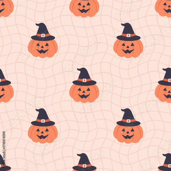 Fototapeta Halloween seamless pattern with pumpkin monsters. Cute background for Halloween party fabric or kids stuff. Vector illustration 