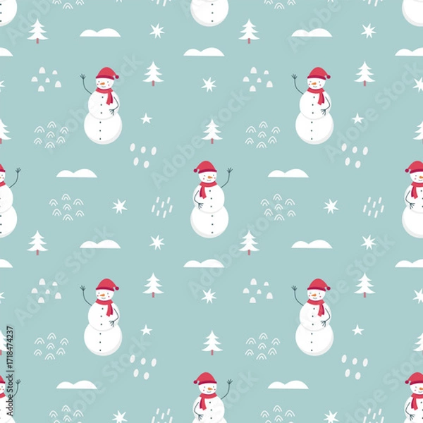 Fototapeta Winter seamless pattern with cute snowman stars abstract shapes. Christmas and New Year background. Scandinavian style. Vector illustration	