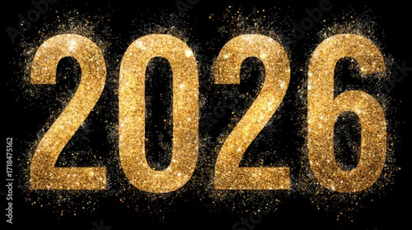 Fototapeta Golden glittering numbers representing year 2026, shining brightly against black background, creating festive and celebratory atmosphere