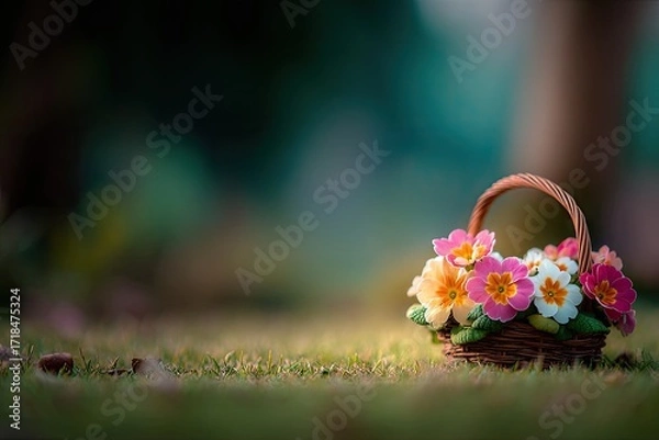 Fototapeta Delicate flowers in a small wicker basket on grass.