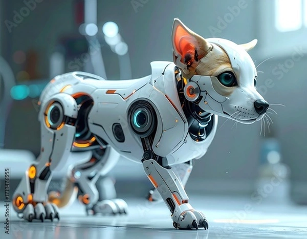 Fototapeta Futuristic robot dog in a sterile environment