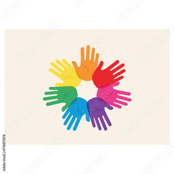 Fototapeta Colorful handprints arranged in a circular pattern on white background.
