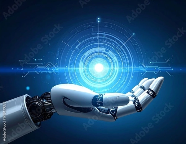 Fototapeta Futuristic robot hand interacting with a digital interface