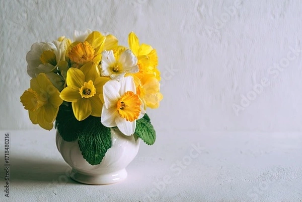 Fototapeta A bouquet of daffodils in a white vase.