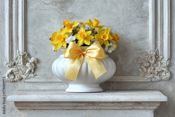 Fototapeta Decorative vase with yellow daffodils and a yellow ribbon.