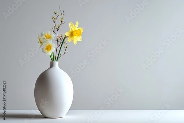 Fototapeta A simple arrangement of daffodils in a white vase.