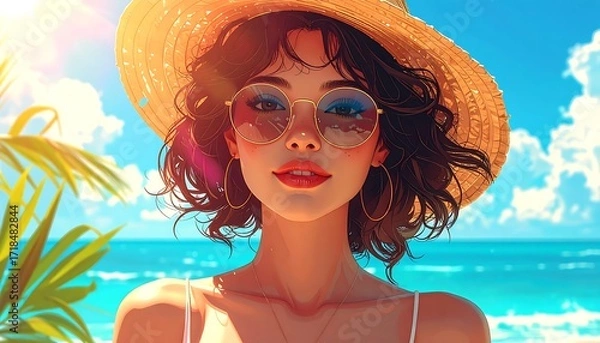 Obraz Woman in straw hat by the ocean