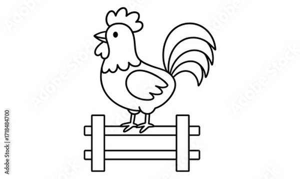 Fototapeta Cartoon rooster on fence outline for coloring pages and farm-themed designs