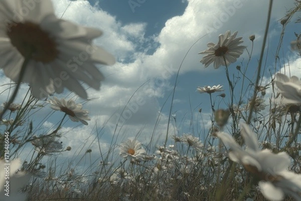 Fototapeta A field of daisies under a partly cloudy sky.