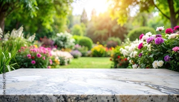 Fototapeta A light-filled garden scene with vibrant flowers and a smooth marble surface provides a peaceful and inviting backdrop.
