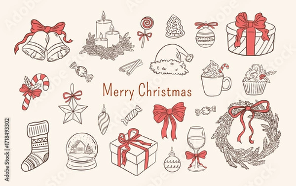 Obraz Hand draw retro Merry Christmas set. Xmas decorations, wreath, Santa hat, gift box, bell, candles, bow vector illustrations. Happy New Year