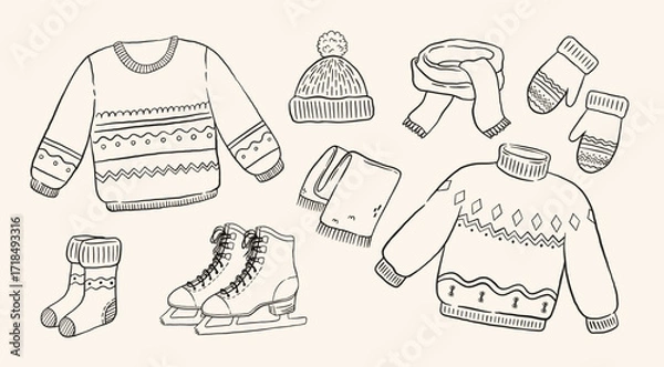 Obraz Vintage winter clothes and accessories set in hand drawn Style. Doodle knitted ugly sweaters, mittens, scarf, socks, hat and ice skates vector illustration.